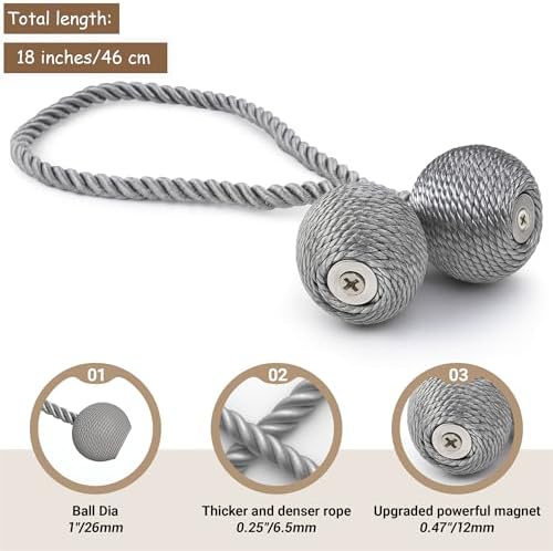 Hion Magnetic Curtain Tiebacks Grey 2pcs, Curtain Holdbacks Hooks Holders - Image 2