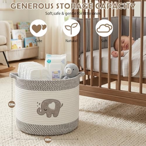 Baby Laundry Basket for Nursery, Large 15”x12” Elephant Storage Baskets - Image 2