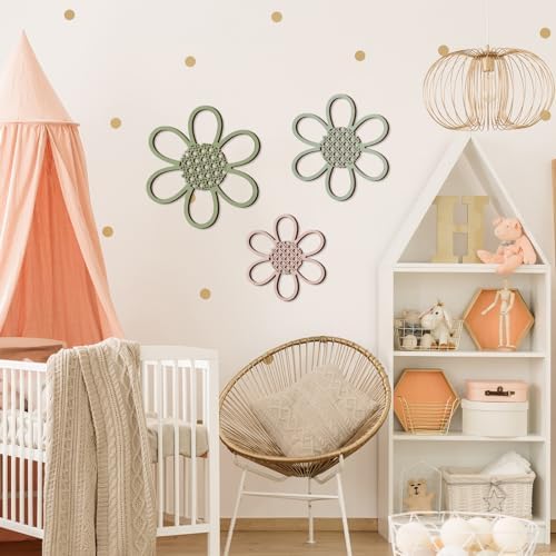 Maitys Boho Wall Decor Set of 3, Wood & Rattan Daisy Flower Wall Hanging Art - Image 4