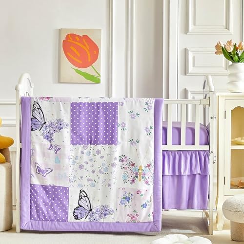 Patchwork Crib Bedding Set Butterfly Plaid Floral Design 3 Pieces Baby Girl by Uozzi+Bedding