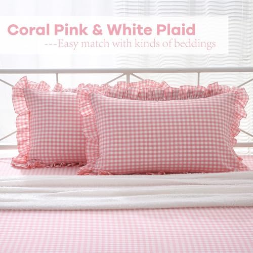 2 Pack Coral Pink Gingham Ruffle Standard Pillow Shams 20"x26" - Image 2
