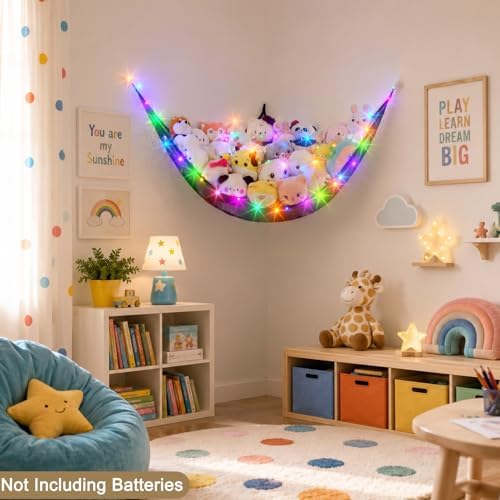 Stuffed Animals Hammock with LED Light Toy Net Room Decor Corner Storage - Image 2
