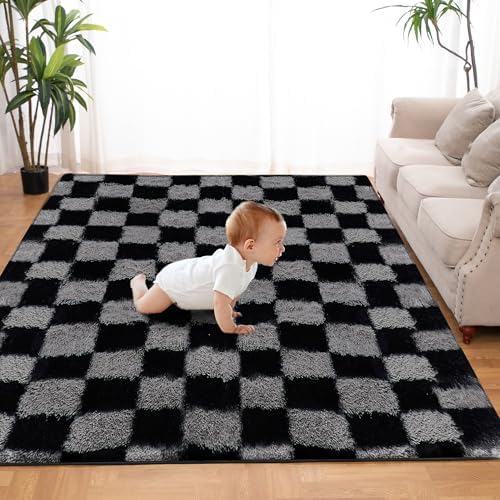 Super Soft Rug for Bedroom, 8x10 Ft Grey and Black Area Rug Classic Checkered - Image 2