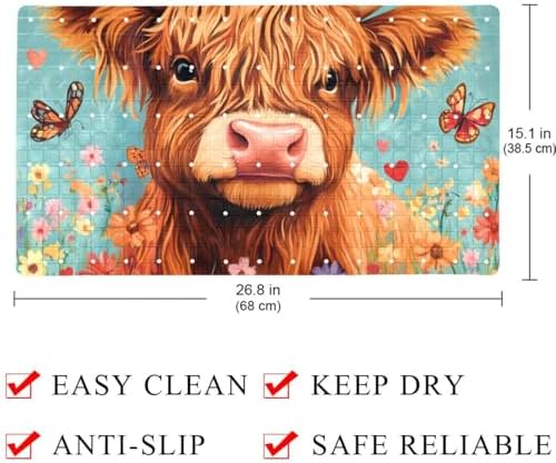 Bathtub Mat Non Slip 26.8x15.1In, Highland Cow Floral Bath Mat - Image 4