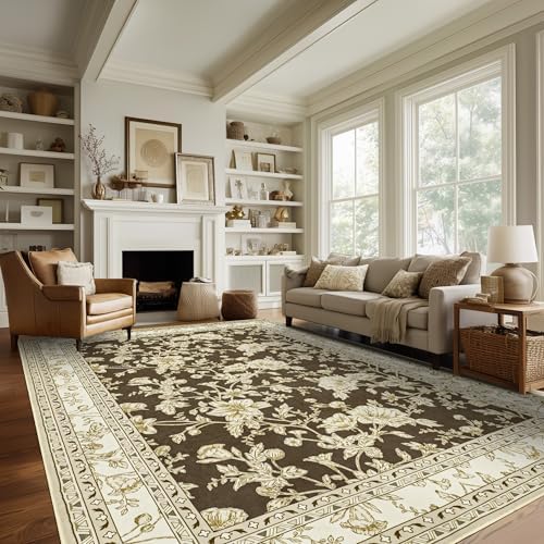 Large Rugs 8x10 for Living Room Low Pile Modern Rug Brown Floral Pattern by BILEEHOME