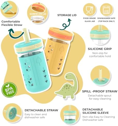 Tronco 12 oz Glass Sippy Cup for Kids & Toddlers | Mason Jar Smoothie Cups - Image 2