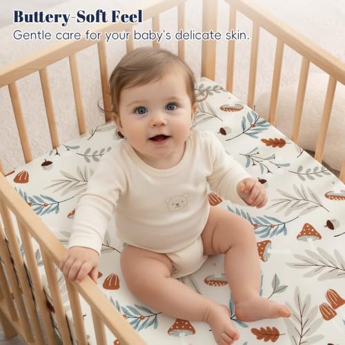 PHF 3 Pack Soft Leaf&Mushroom Crib Sheets Fitted, Comfy Breathable Baby Sheets - Image 2