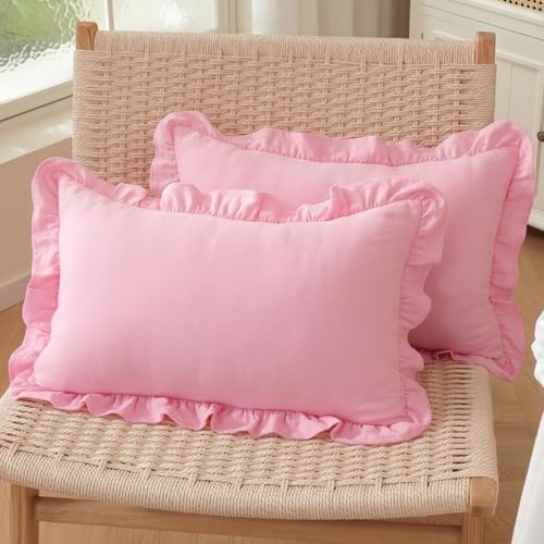 Set of 2 Blush Pink Ruffle Lumbar Pillow Covers 12x20 Inch, Solid Color Throw by HOSTECCO
