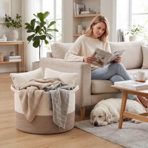 90L Woven Blanket Basket, Extra Large Laundry Basket-White & Brown - Image 4