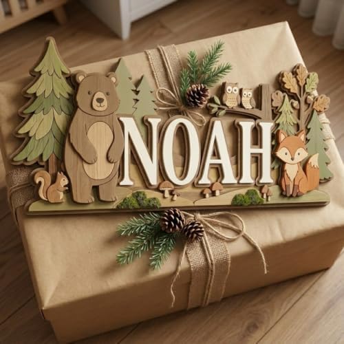 Personalized Woodland Baby Name Sign, Custom Forest Bear Fox Owl Nursery Wall - Image 3