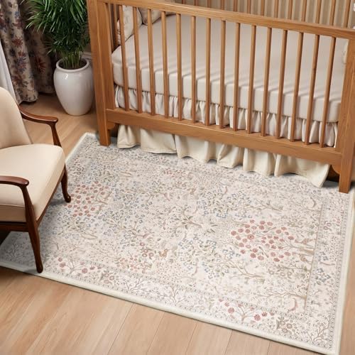Cream Woodland Area Rugs 3x5, Tree of Life Natural Washable Rug Low Pile Ultra - Image 3