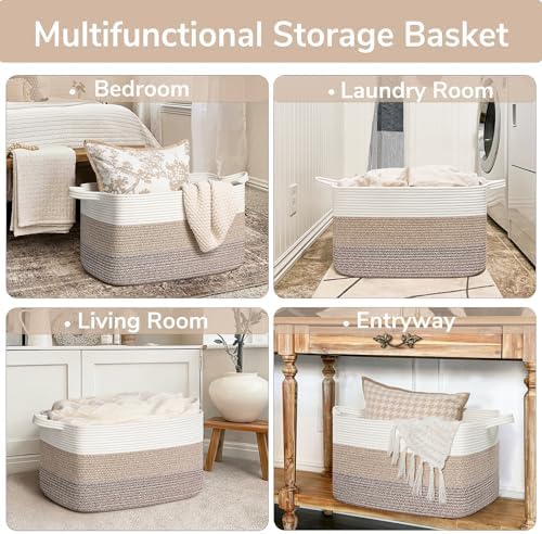 Goodpick Large Woven Rope Blanket Basket, Light Brown - Image 4