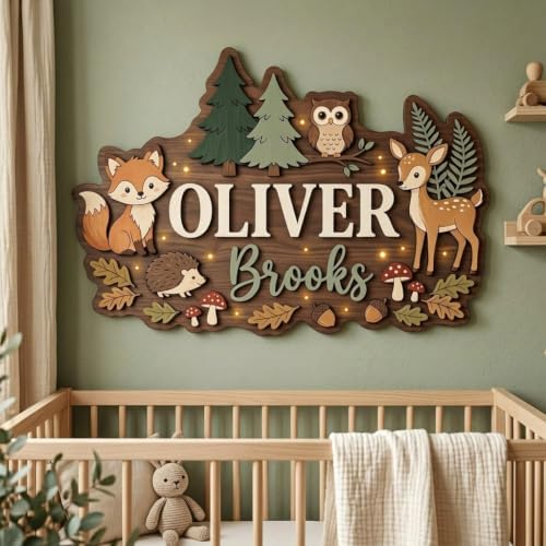 Personalized Woodland Nursery Name Sign, Custom Forest Animal Wall Decor by HANZSPROUT