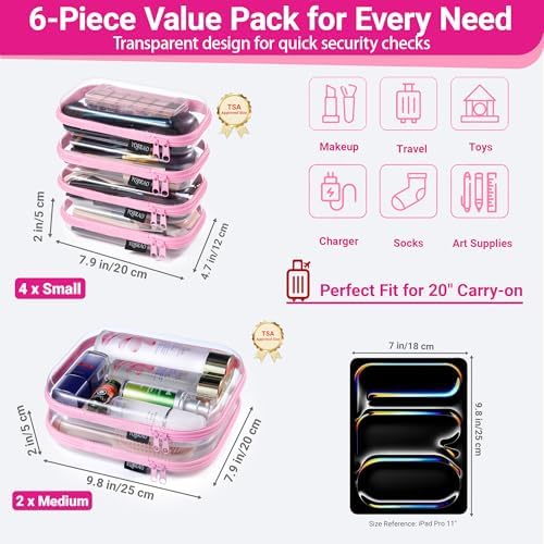 YQBRAO Clear Hard Shell Zipper Cases, 6 Travel Organizers, 2M 4S - Image 4