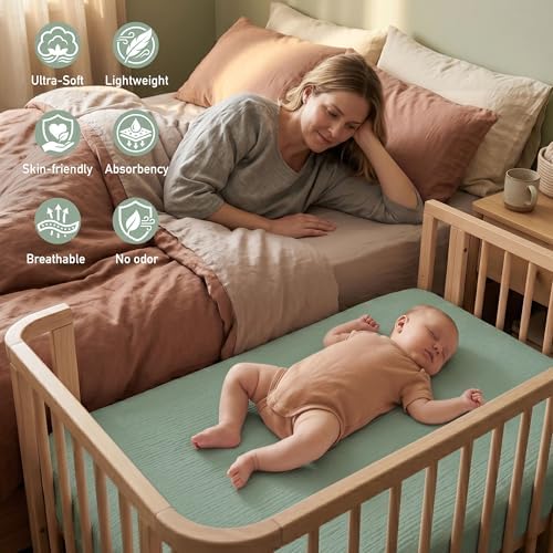 Muslin Bassinet Sheets 2 Pack, Soft Fitted Bedside Sleeper Sheet 33x20 Inch - Image 6