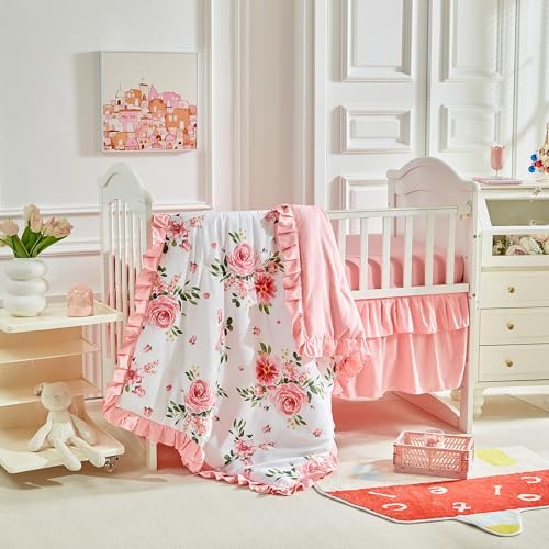 3 Pieces Flowers Crib Bedding Set Baby Ruffled Quilted Comforter - Image 2