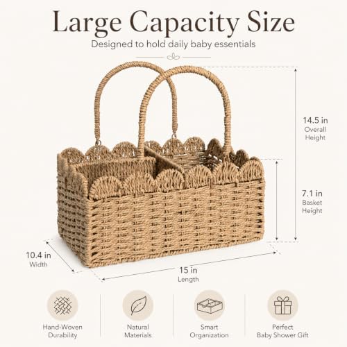 Large Wicker Diaper Caddy Organizer, Scalloped Nursery Basket - Image 2
