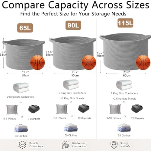 90L Extra Large Blanket Basket, Woven Rope Laundry Basket-Light Grey - Image 2