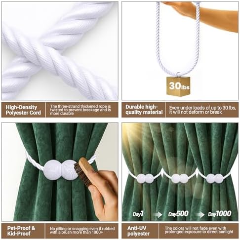 Hion Magnetic Curtain Tiebacks White 2pcs, Curtain Holdbacks Hooks Holders - Image 3