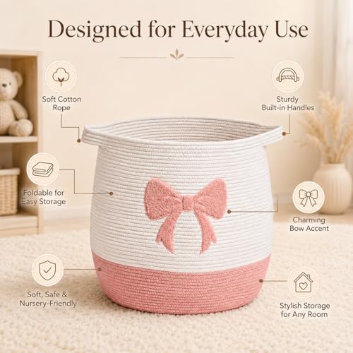 Pink Bow Baby Laundry Basket, Cotton Rope Nursery Hamper - Image 6
