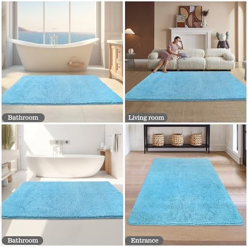Yeaban Chenille Sky Blue Bathroom Rug 36"x60", Non-Slip Rubber Backing - Image 5