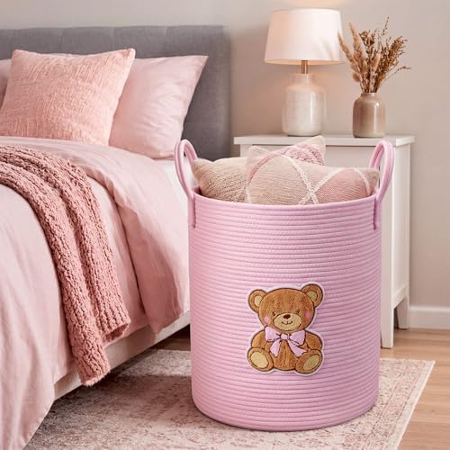 LemonRoad Pink Bear Laundry Hamper Large Cotton Rope Storage Basket - Image 6