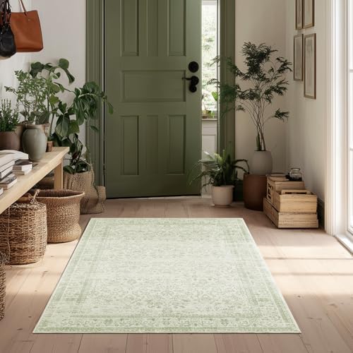 Small Rugs for Entryway Light Green Floral Washable Rug 3x5 by BILEEHOME