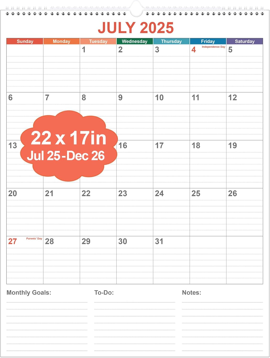 Large Calendar 2025-2026 with Spiral Bound - 18 Month Big Calendar from July 2025 to December 2026, Vertical Large Monthly Planner 2025-2026 for Wall, Calendario 2025-26, 22" x 17", Colorful