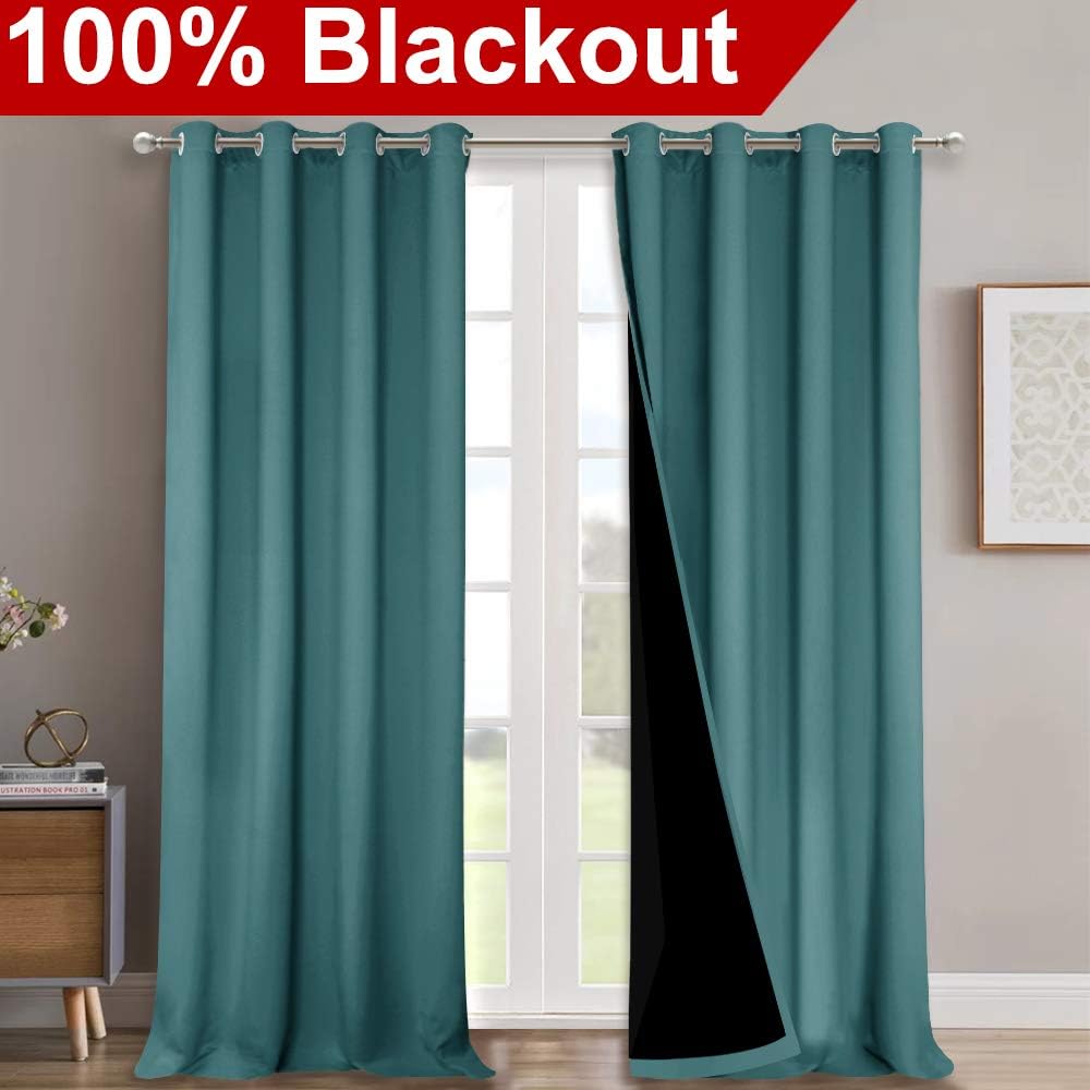 NICETOWN 100% Blackout Curtains for Windows, Pack of 2, Sea Teal, 52" W x 120" L, Super Heavy-Duty Black Lined Total Darkness Drapes for Bedroom, Privacy Assured Window Treatment for Patio