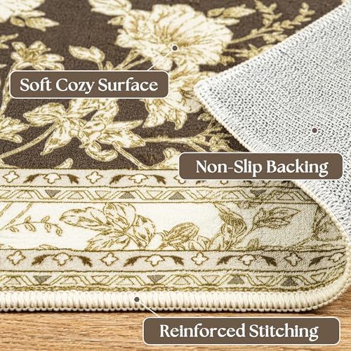 Floral Boho Rug 4x6 with Washable Non Slip Boho Soft Carpet Brown Beige - Image 4