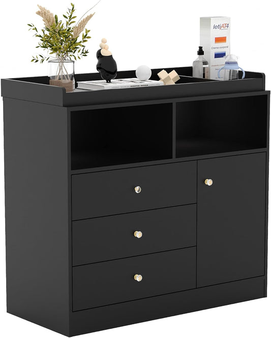 Nursery Dresser with Changing Table Top - Tall Wooden Diaper Changing Station with 2 Open Shelves, 3 Drawers, and 1 Cabinet, Ideal for Children's Room, Black