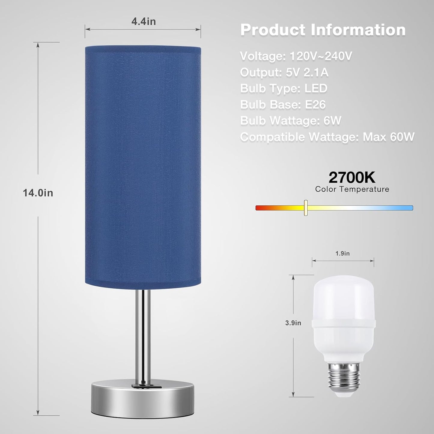 Navy Blue Touch Lamp for Boys - Small Nightstand Lamp with USB-C and USB Charging Ports, 3 Way Dimmable Bedside Table Lamp with Fabric Shade Silver Base for Nursery, Dorm, Office, Reading