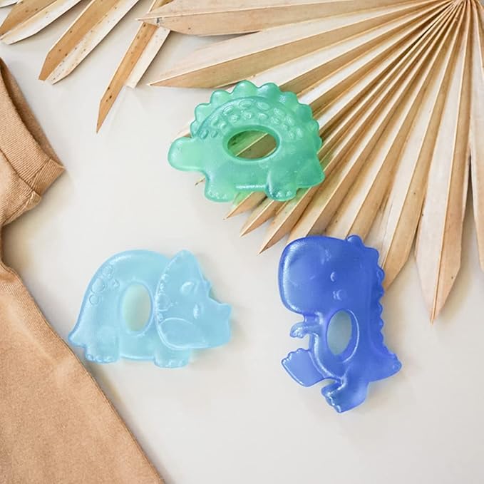Itzy Ritzy Water-Filled Teethers - Cold Cutie Coolers Textured On Both Sides to Massage Sore Gums & Emerging Teeth - Can Be Chilled in Refrigerator, Set of 3 Coordinating Dinosaur Water Teethers