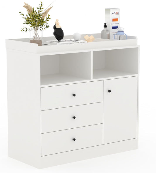 Nursery Dresser with Changing Table Top - Tall Wooden Diaper Changing Station with 2 Open Shelves, 3 Drawers, and 1 Cabinet, Ideal for Children's Room, White