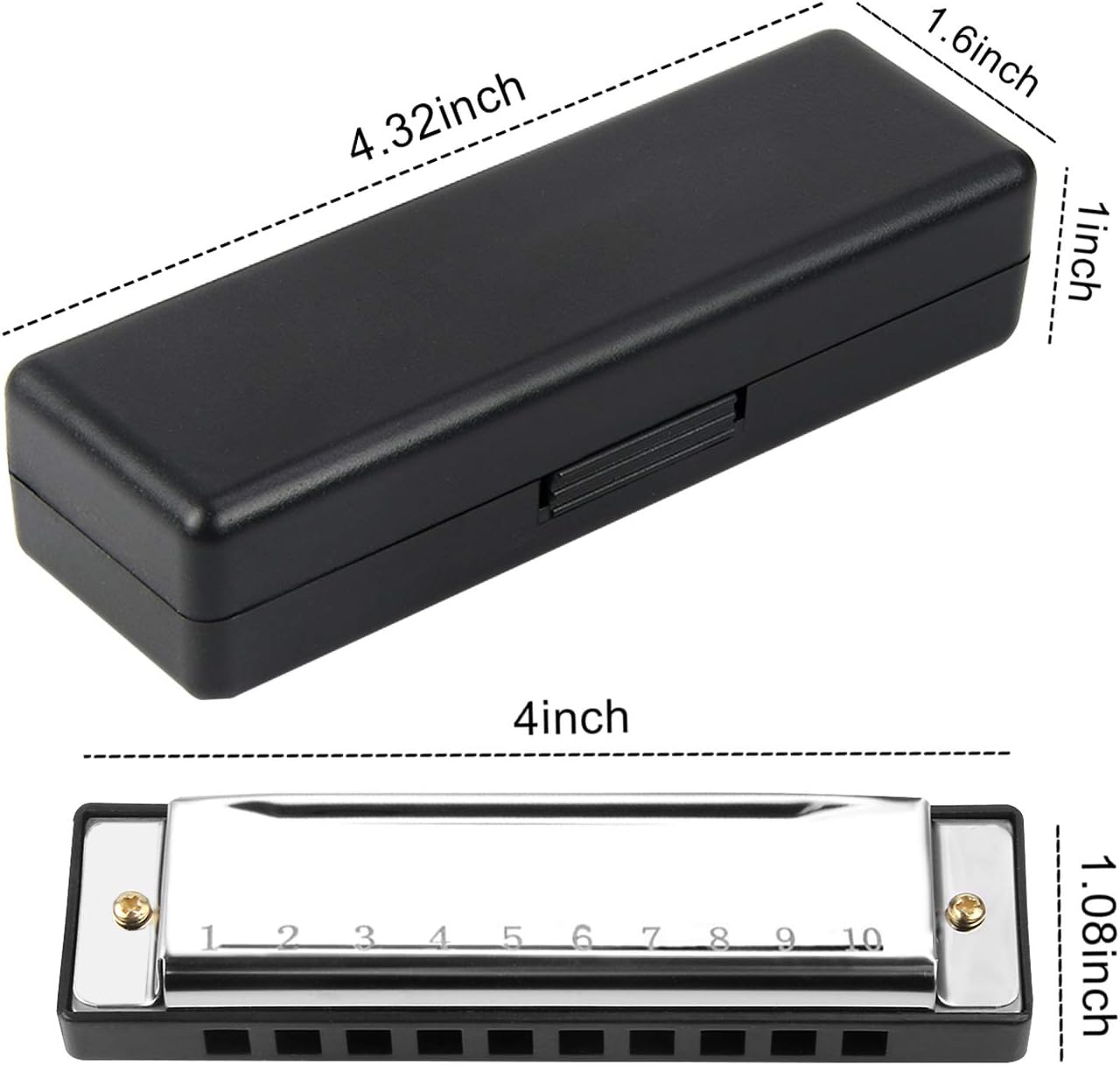 UPINS 4PCS Key of C 10 Hole 10 Tones Titanium Color Harmonica with Case for Beginner(Gold, Silvery, Black, Red)