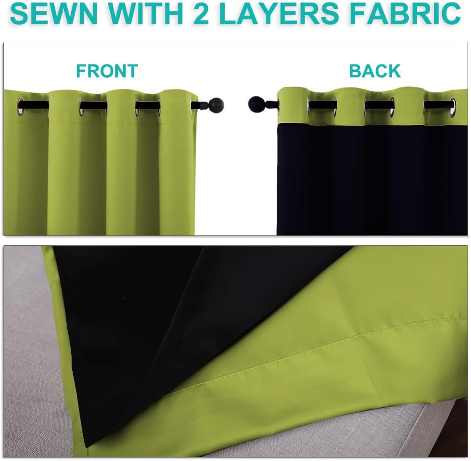 NICETOWN 100% Blackout Window Curtain Panels, Fresh Green, 2 Pieces, 70-inch Wide Per Panel, Full Light Blocking Drapes with Black Liner for Nursery, 72-inch Drop Thermal Insulated Draperies