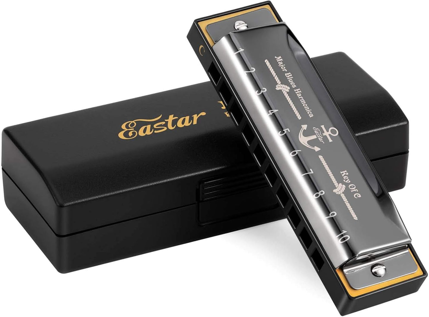 Eastar Major Blues Harmonica, 10 Holes C Key Beginner for Kids Children Adults Students, with Hard Case and Cloth, Black