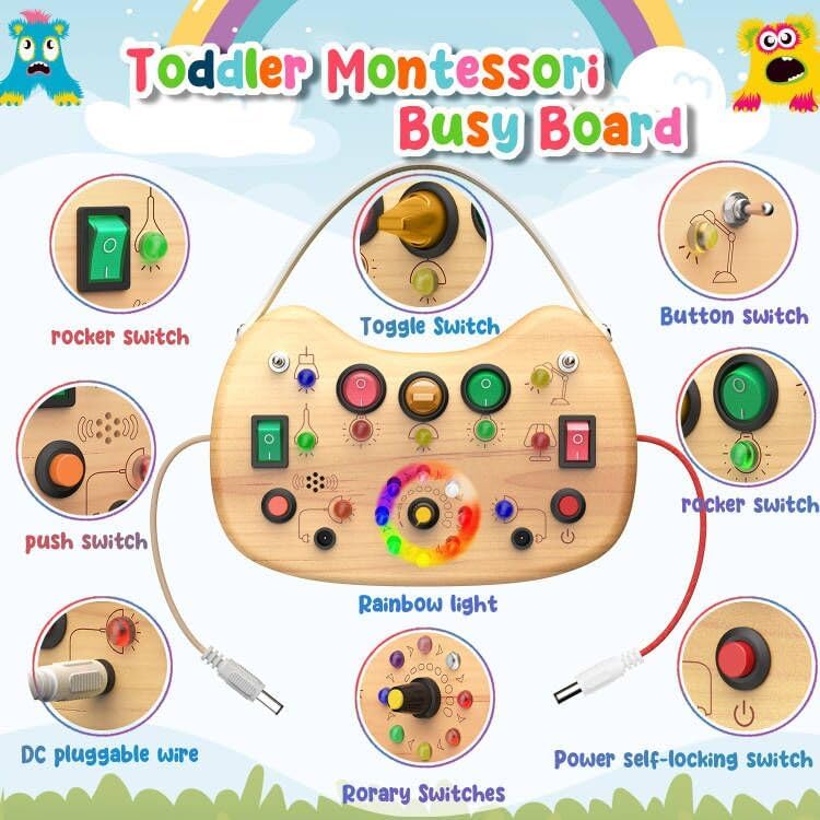 Montessori Toddler Busy Board, Wooden Busy Board with 17 LED Lights Switch, Travel Toys for Toddlers 1-3 Years,Toddler Sensory Boards, Toys for 1 Year Old Girls