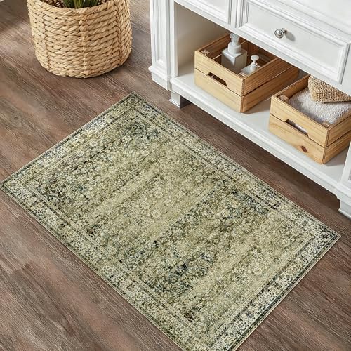 Olive and Beige Throw Rugs 2x3 Washable Vintage Floral Thin Small Area Rug - Image 5