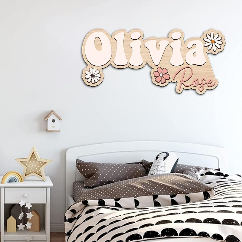 Personalized Name Sign For Nursery, Custom wooden name sign, Boho floral name - Image 3