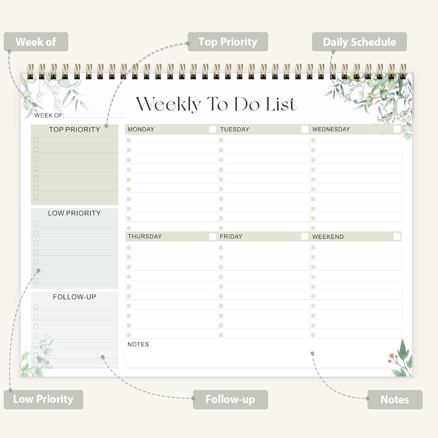 Weekly To Do List Notepad, Undated Planner with 52 Sheets (8.5''x11''), Desk Weekly Planner for Women & Man, Home School & Work (D-Leaf)