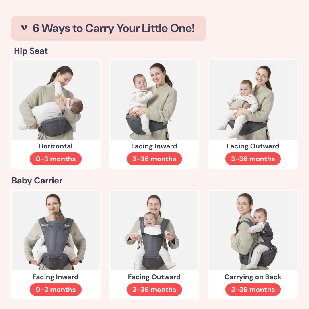 BabbleRoo Grow Carrier – Safety-Certified 6-in-1 Baby Carrier with Hip Seat, Ergonomic & Adjustable Toddler Carrier 7-50 lbs with Hip Support, Hood for Sun Protection, Newborn to Toddler, Gray