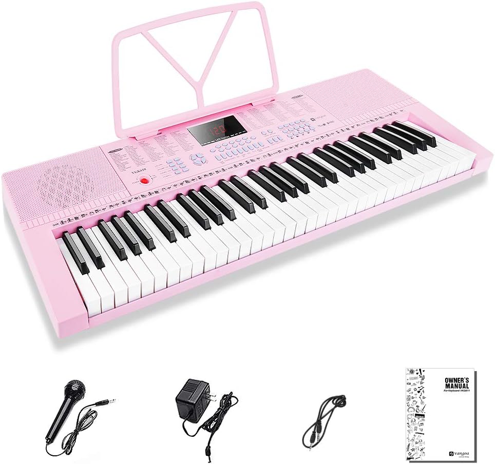 Vangoa VGK610 Piano Keyboard, 61 Mini Keys Portable Music Keyboard for Beginners with Microphone, 3 Teaching Modes, 350 Tones, 350 Rhythms, 30 Demos, Pink