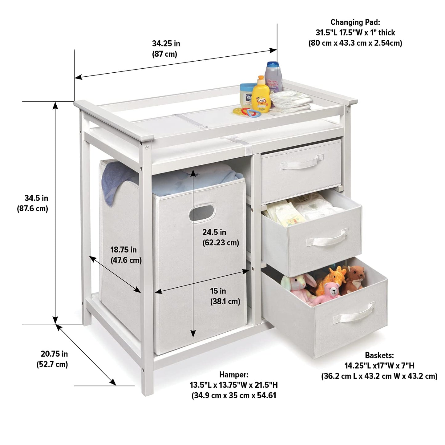 Badger Basket Modern Baby Changing Table - Portable Diaper Station with 3 Drawers Pad & Hamper - Storage Organizer for Baby Clothes, Diapers & Toys - Fresh White/White (34.25 x 20.75 x 34.5)