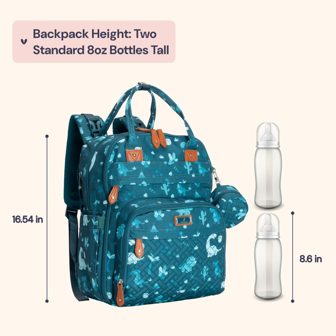 BabbleRoo Diaper Bag Backpack - Baby Essentials, Travel Essentials Baby Bag with Changing Pad, Stroller Straps & Pacifier Case - Unisex, Dino