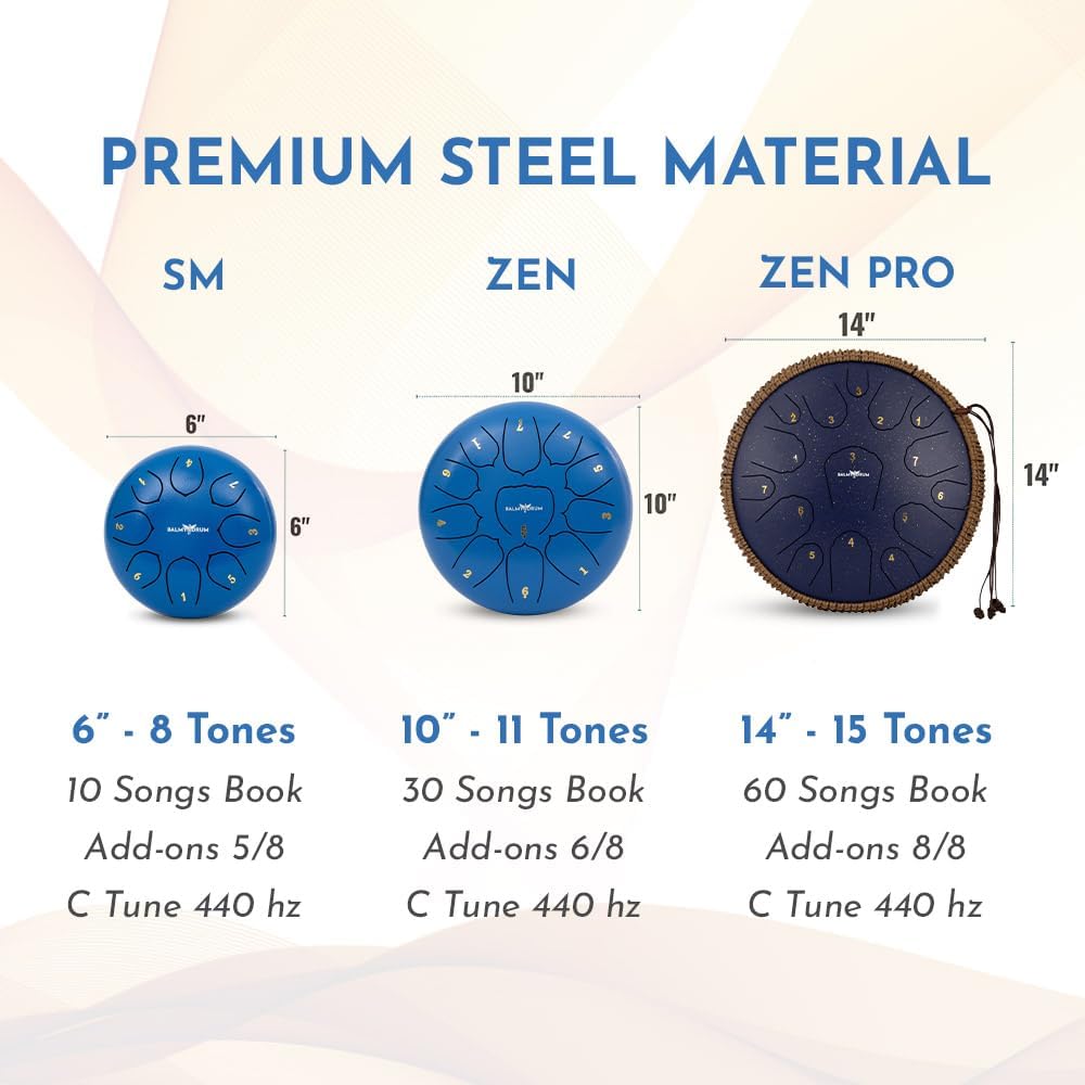 The Balmy Drum - 15 Note 14 Inch Steel Tongue Drum, Steel Drum Instrument, Drums For Children and Adults, Balmy Drum Set for Kids with Music Book, Handpan, Mallet and Carry Bag (Blue)
