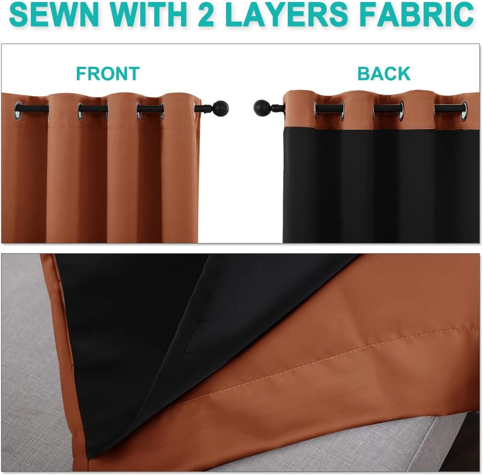 NICETOWN Extra Long Truly Blackout Drapes for Hall and Villa, 46" Width Each Panel, 45" Length, Burnt Orange, 2 Pieces, 100% Blackout Window Curtain Panels with Black Lined for Night Shift Worker