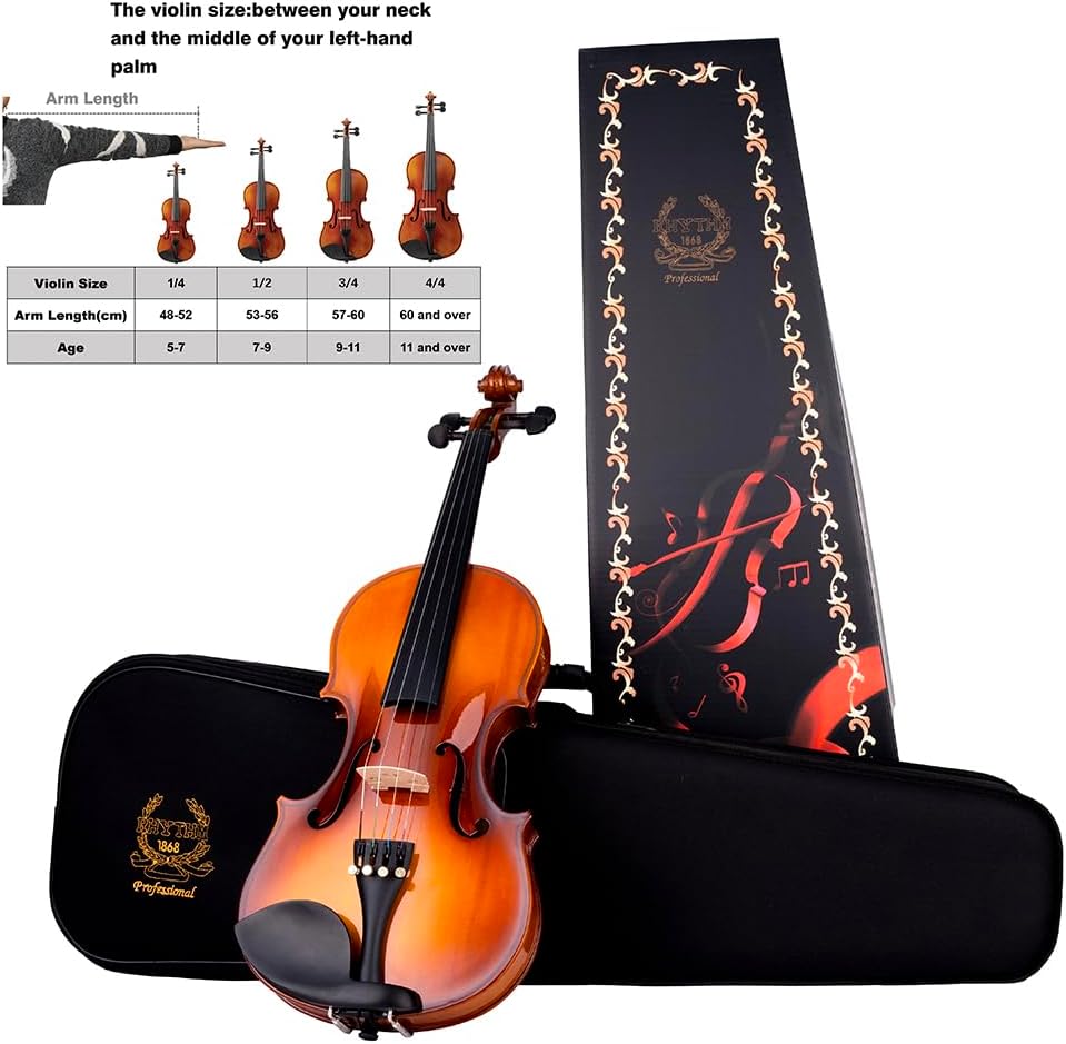 Rhythm Violin Set for Beginners,Acoustic Violins Starter Kit Package for Student,Beginners Fiddle with Hard Case, Rosin, Shoulder Rest, Bow, and Extra Strings (NATURAL, 1/2)