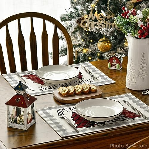 Artoid Mode Watercolor Grey Buffalo Plaid Christmas Trees Placemats Set of 6 - Image 4