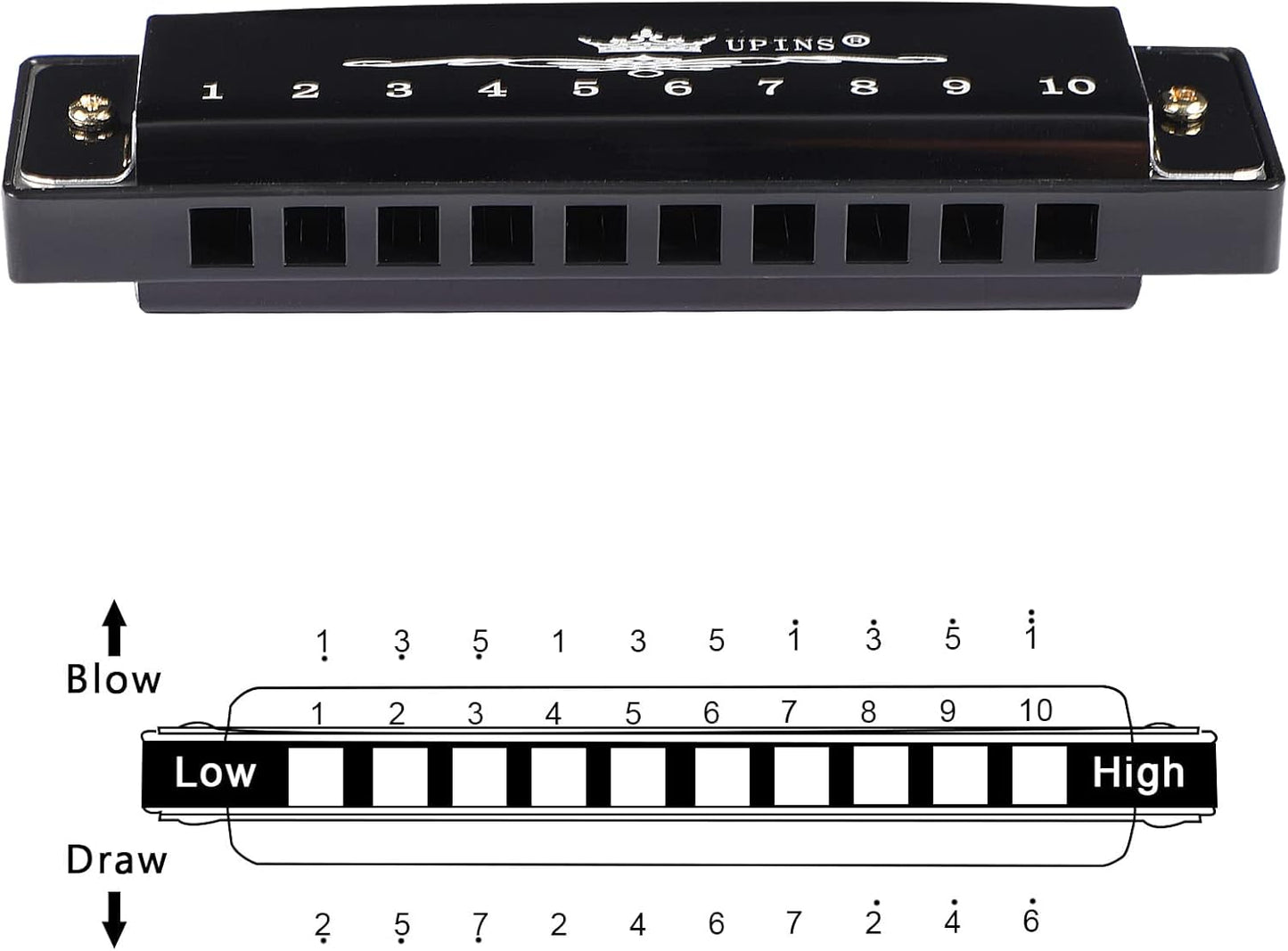 UPINS Harmonica, 4PCS Key of C Blues 10 Hole 20 Tones Titanium Color Harmonica with Case Cleaning Cloth for Beginner (Black, Silvery)